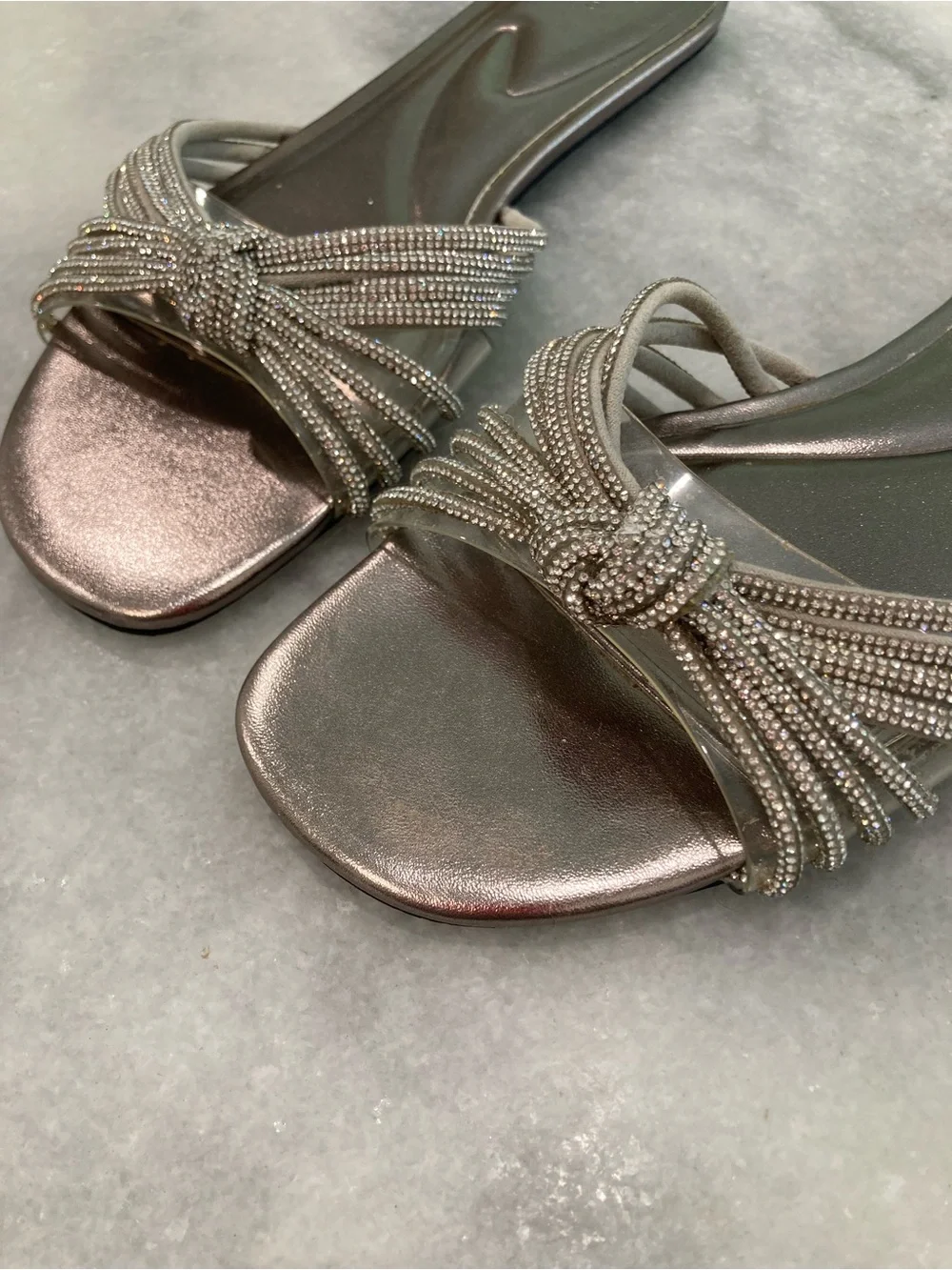 ZARA Silver Rhinestone Crystal Open Toe Flat Slide Sandals - Picture 5 of 14